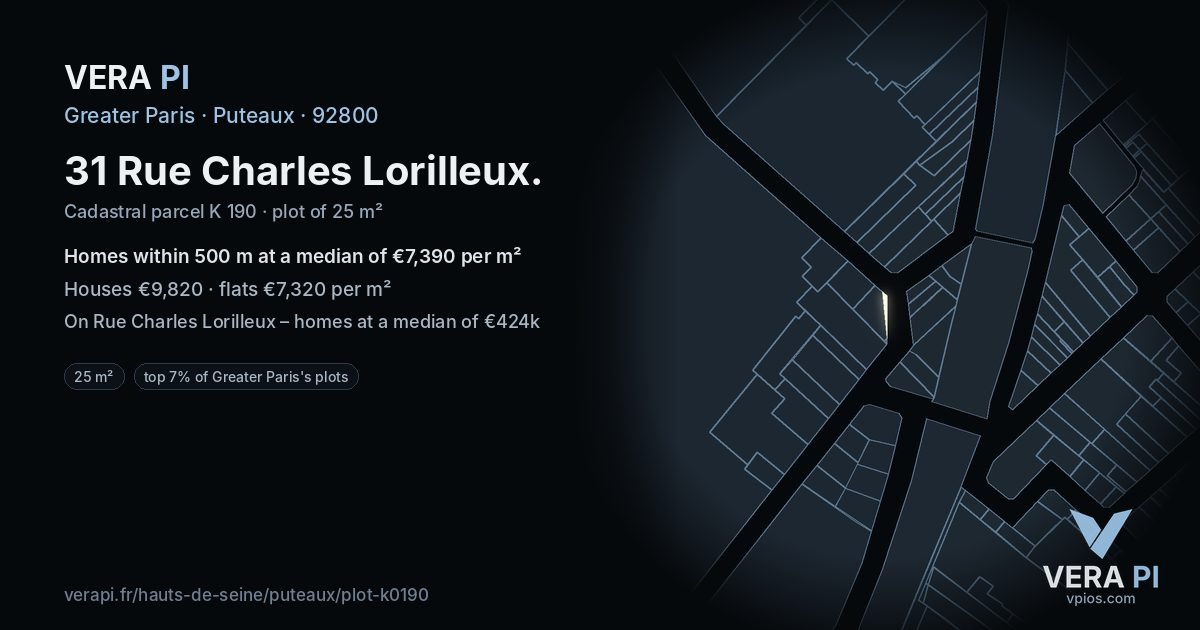 31 Rue Charles Lorilleux, Puteaux at night – the plot lit, the parcels around coloured by the prices near them