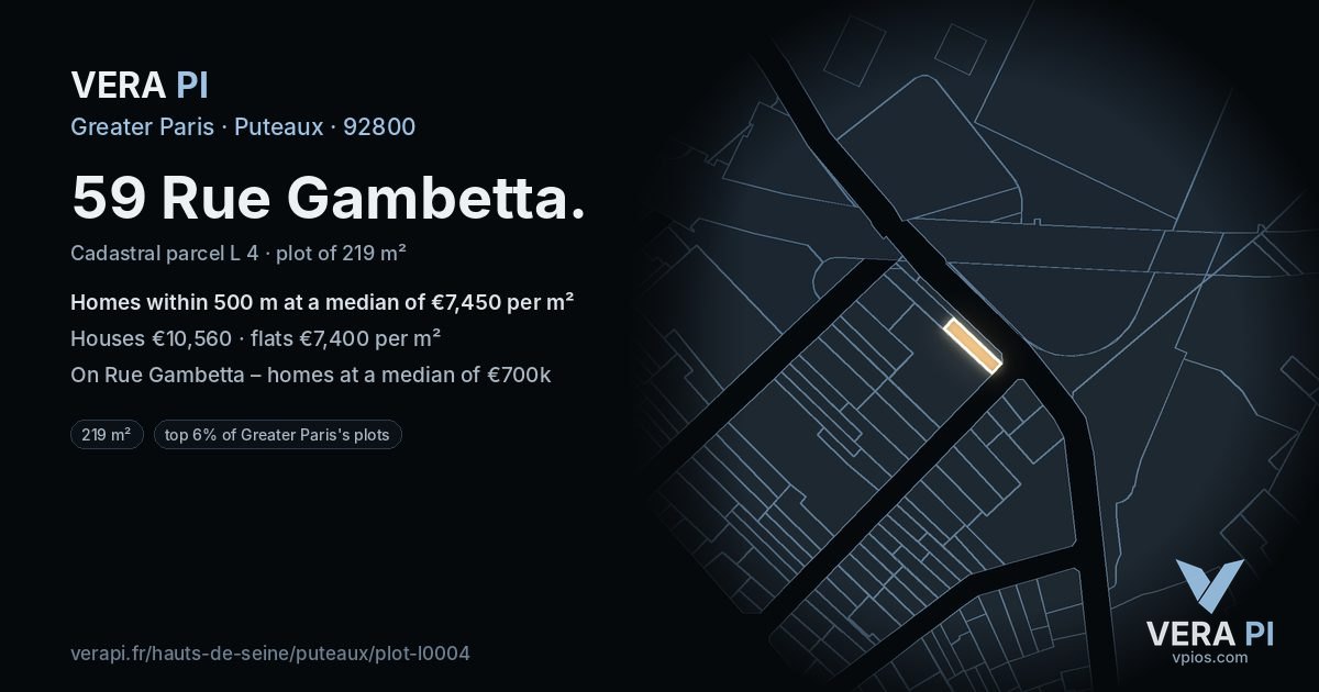 59 Rue Gambetta, Puteaux at night – the plot lit, the parcels around coloured by the prices near them