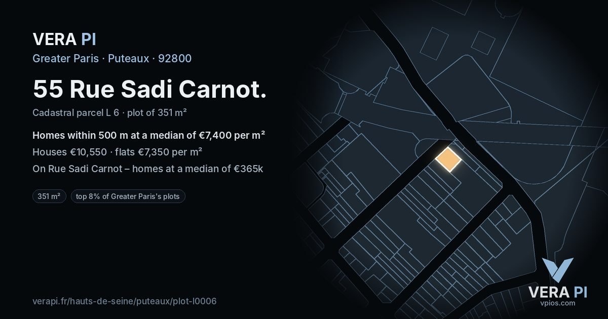 55 Rue Sadi Carnot, Puteaux at night – the plot lit, the parcels around coloured by the prices near them
