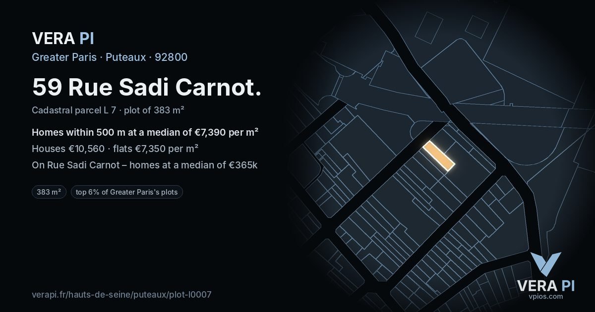 59 Rue Sadi Carnot, Puteaux at night – the plot lit, the parcels around coloured by the prices near them