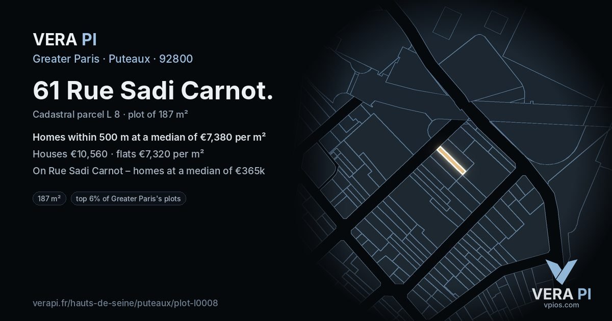 61 Rue Sadi Carnot, Puteaux at night – the plot lit, the parcels around coloured by the prices near them