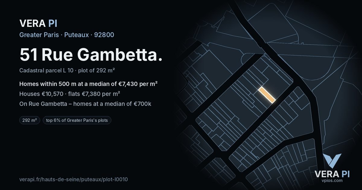 51 Rue Gambetta, Puteaux at night – the plot lit, the parcels around coloured by the prices near them