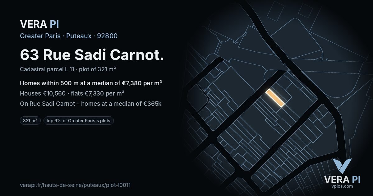 63 Rue Sadi Carnot, Puteaux at night – the plot lit, the parcels around coloured by the prices near them