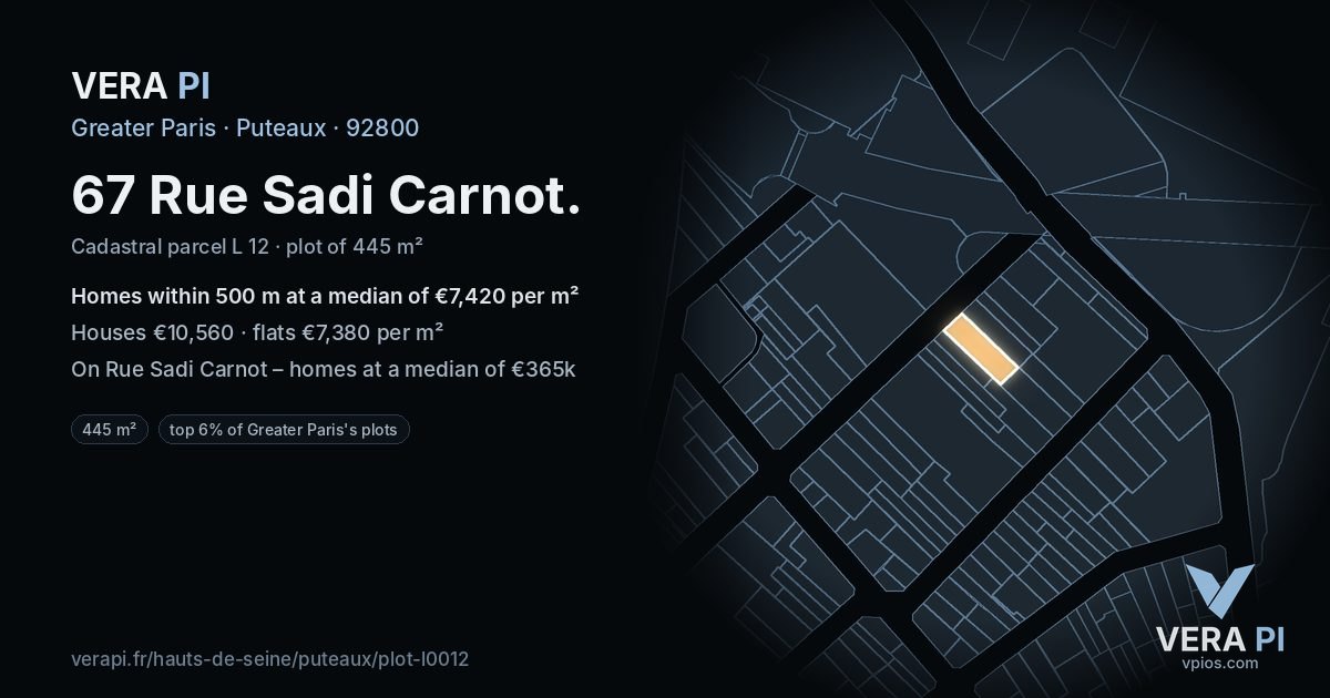 67 Rue Sadi Carnot, Puteaux at night – the plot lit, the parcels around coloured by the prices near them