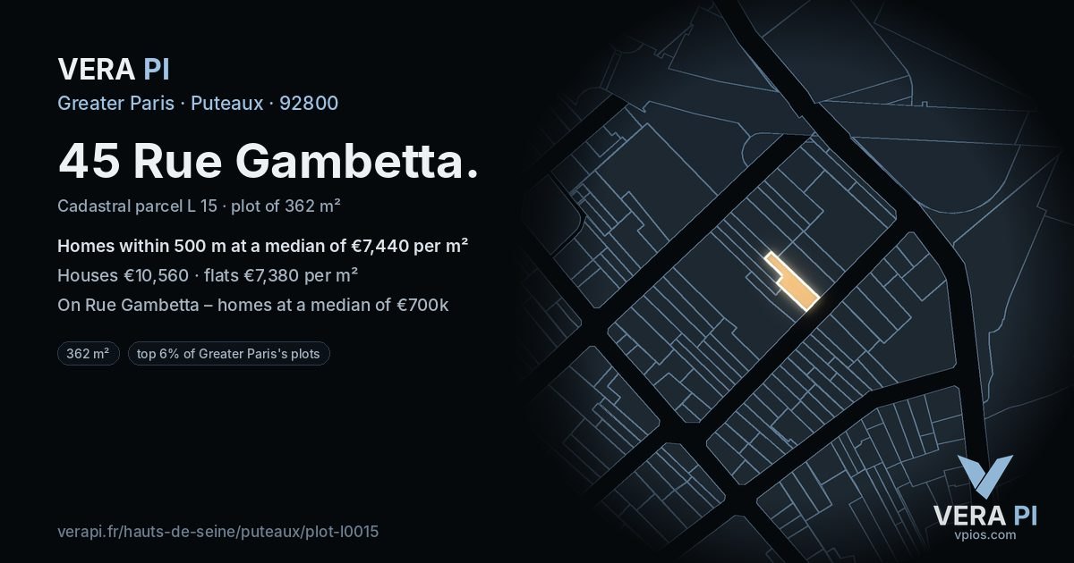 45 Rue Gambetta, Puteaux at night – the plot lit, the parcels around coloured by the prices near them