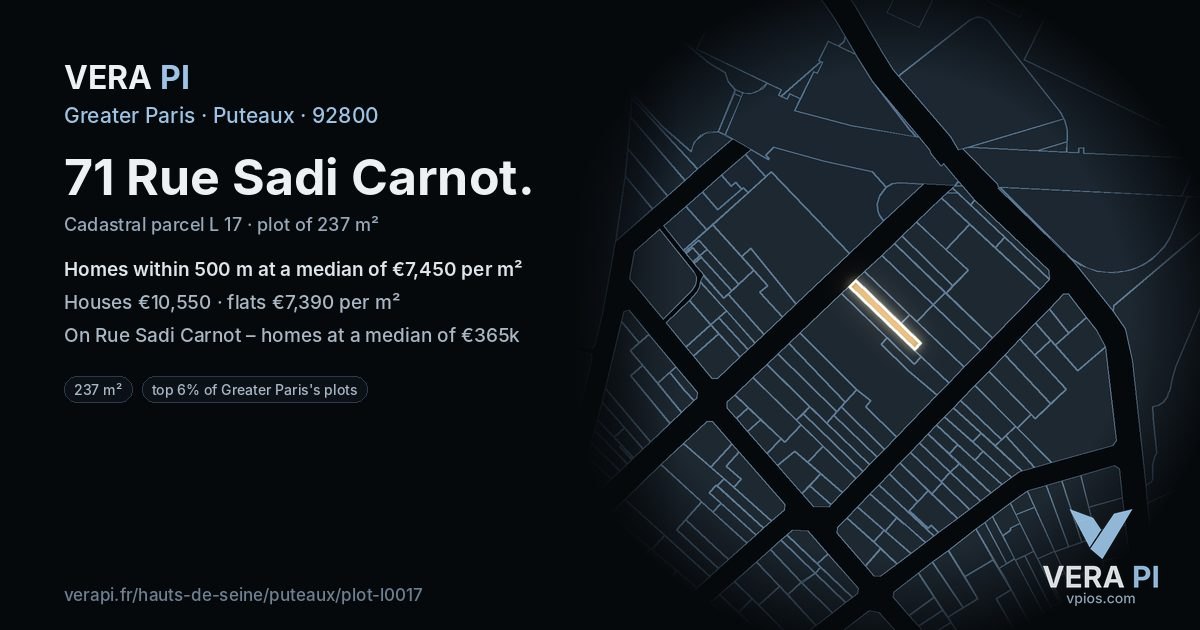 71 Rue Sadi Carnot, Puteaux at night – the plot lit, the parcels around coloured by the prices near them