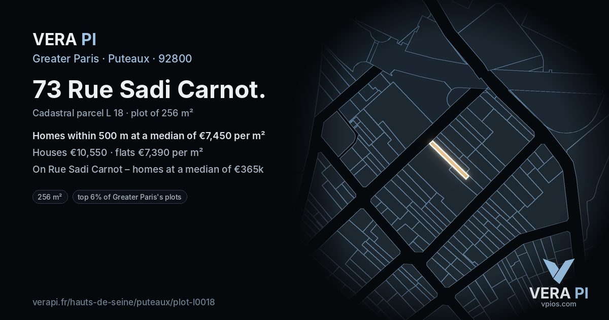 73 Rue Sadi Carnot, Puteaux at night – the plot lit, the parcels around coloured by the prices near them