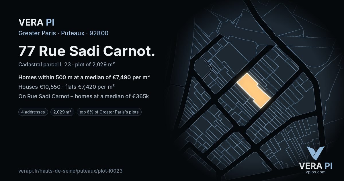 77 Rue Sadi Carnot, Puteaux at night – the plot lit, the parcels around coloured by the prices near them