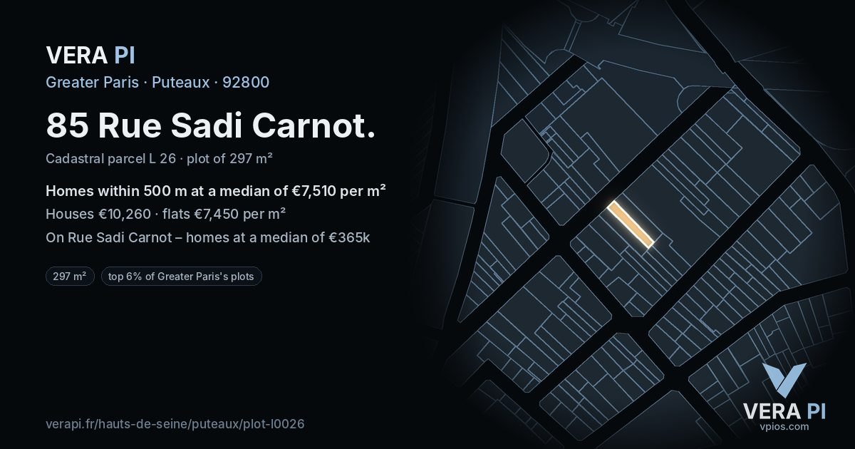 85 Rue Sadi Carnot, Puteaux at night – the plot lit, the parcels around coloured by the prices near them