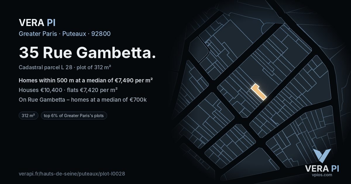 35 Rue Gambetta, Puteaux at night – the plot lit, the parcels around coloured by the prices near them