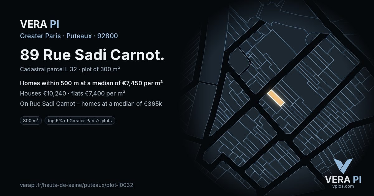 89 Rue Sadi Carnot, Puteaux at night – the plot lit, the parcels around coloured by the prices near them