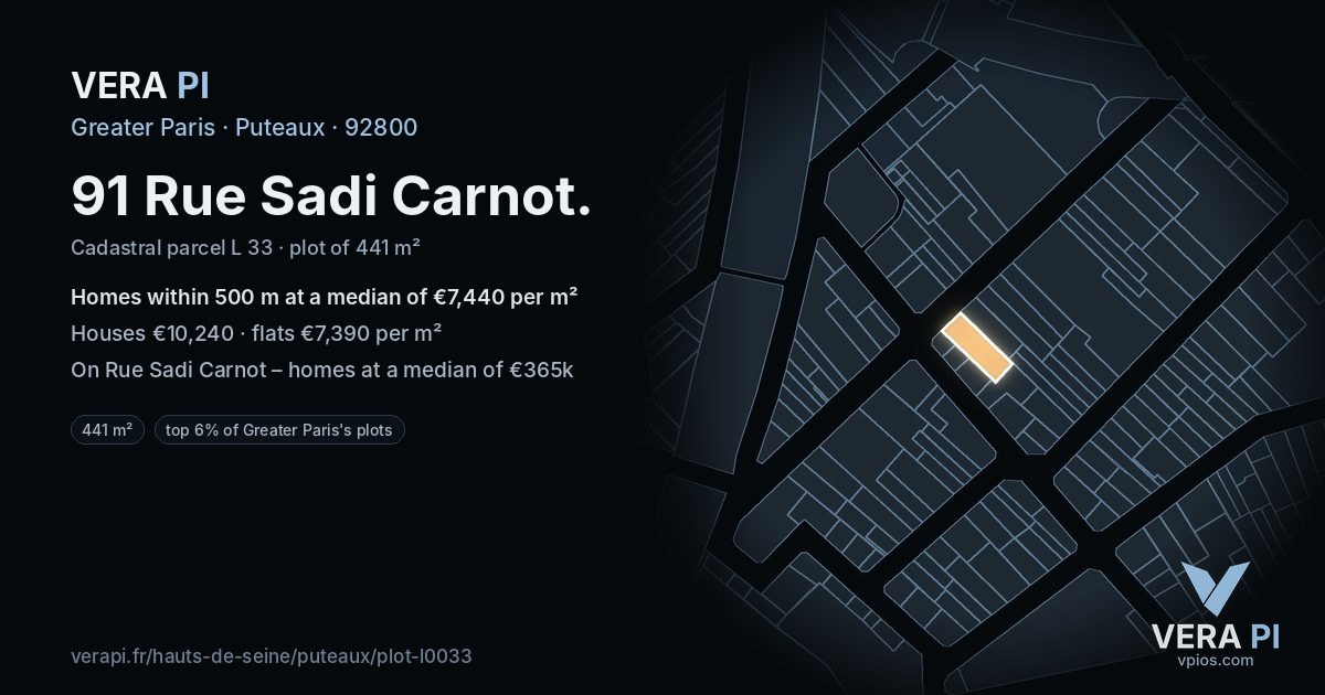 91 Rue Sadi Carnot, Puteaux at night – the plot lit, the parcels around coloured by the prices near them