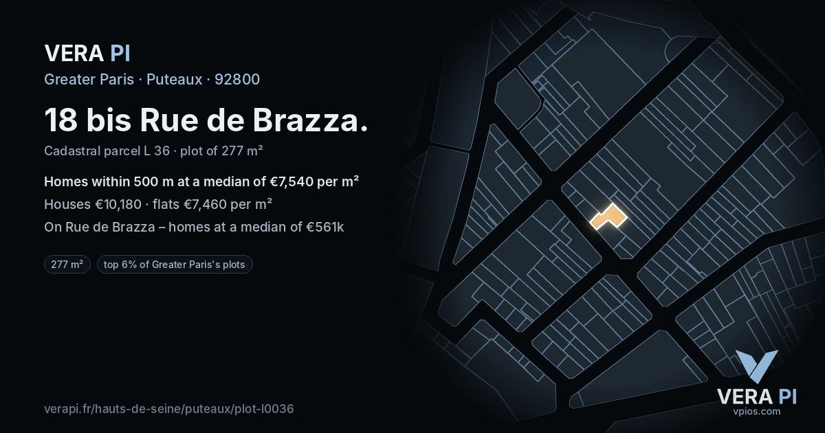 18 bis Rue de Brazza, Puteaux at night – the plot lit, the parcels around coloured by the prices near them