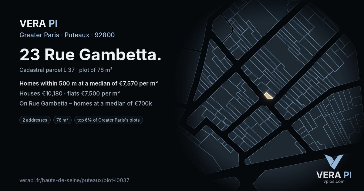 23 Rue Gambetta, Puteaux at night – the plot lit, the parcels around coloured by the prices near them