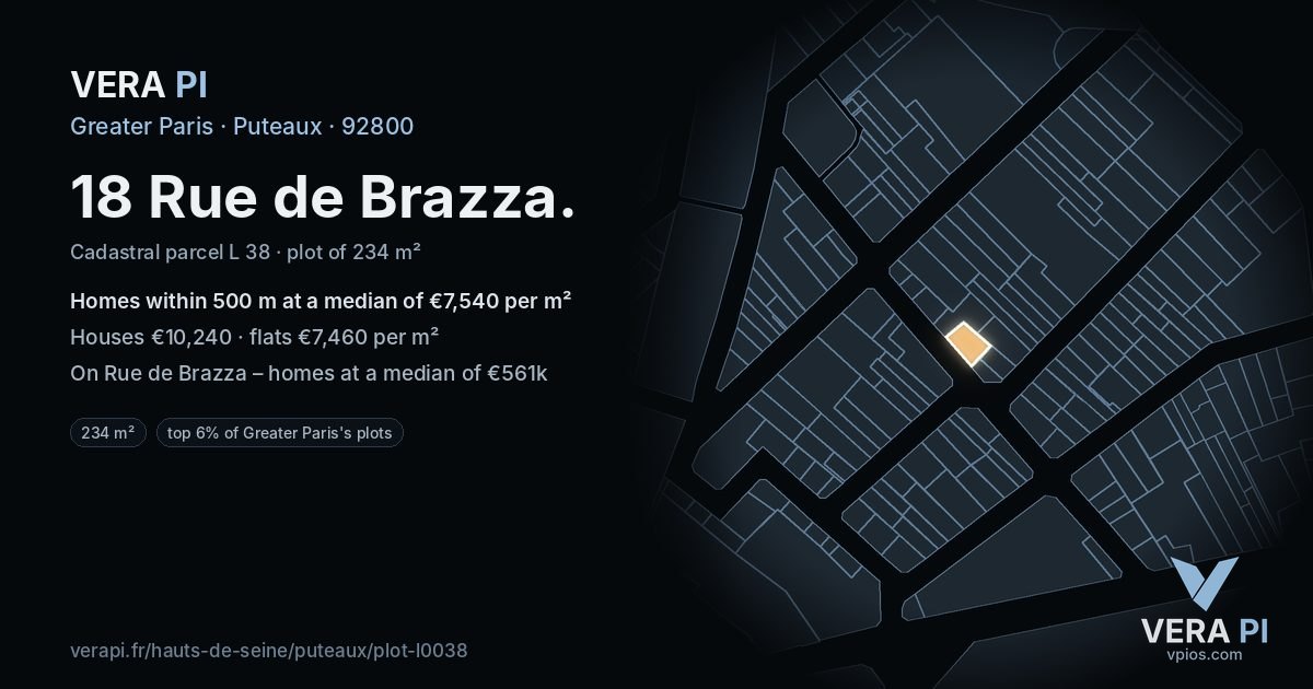 18 Rue de Brazza, Puteaux at night – the plot lit, the parcels around coloured by the prices near them