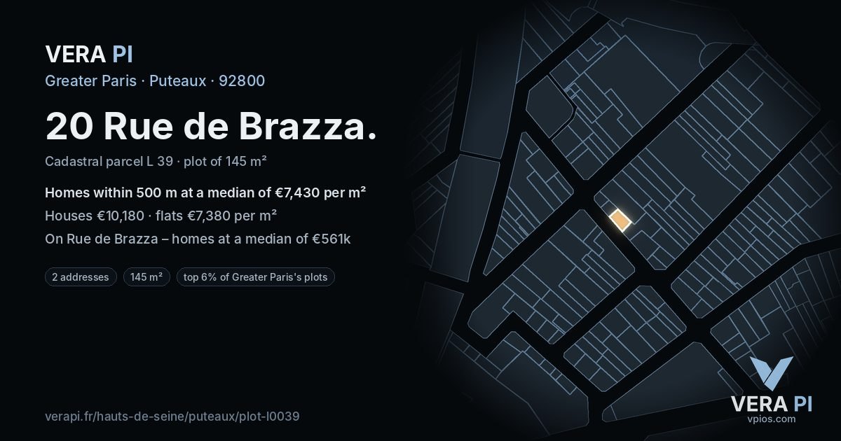 20 Rue de Brazza, Puteaux at night – the plot lit, the parcels around coloured by the prices near them