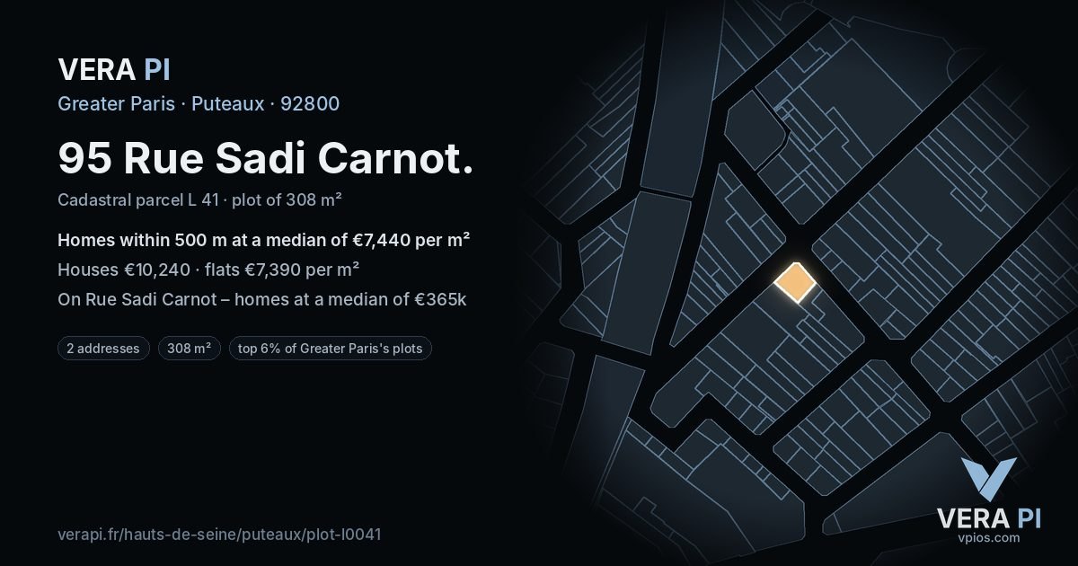 95 Rue Sadi Carnot, Puteaux at night – the plot lit, the parcels around coloured by the prices near them