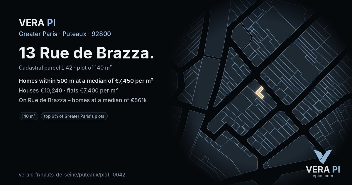13 Rue de Brazza, Puteaux at night – the plot lit, the parcels around coloured by the prices near them