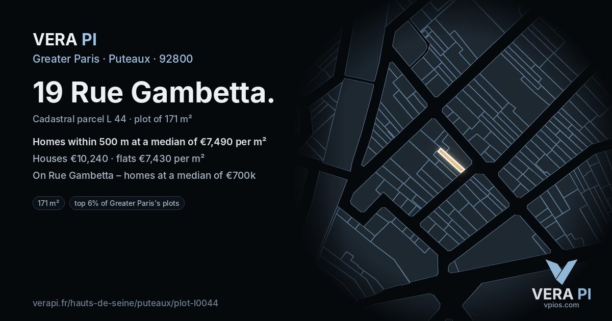 19 Rue Gambetta, Puteaux at night – the plot lit, the parcels around coloured by the prices near them