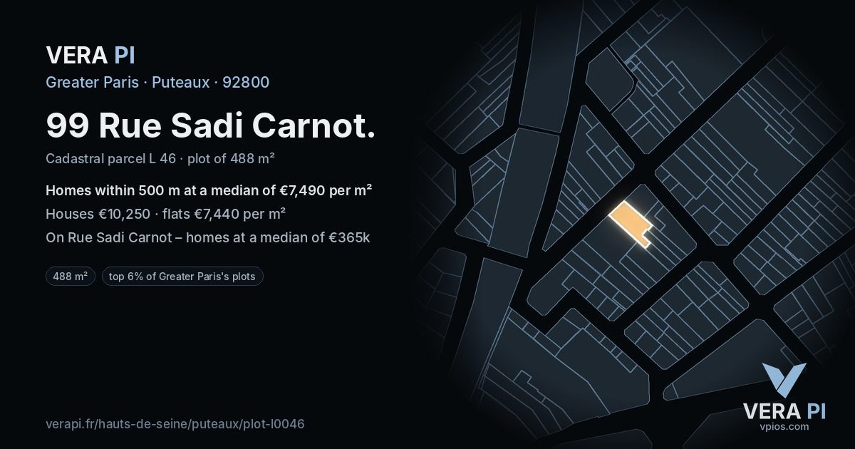 99 Rue Sadi Carnot, Puteaux at night – the plot lit, the parcels around coloured by the prices near them