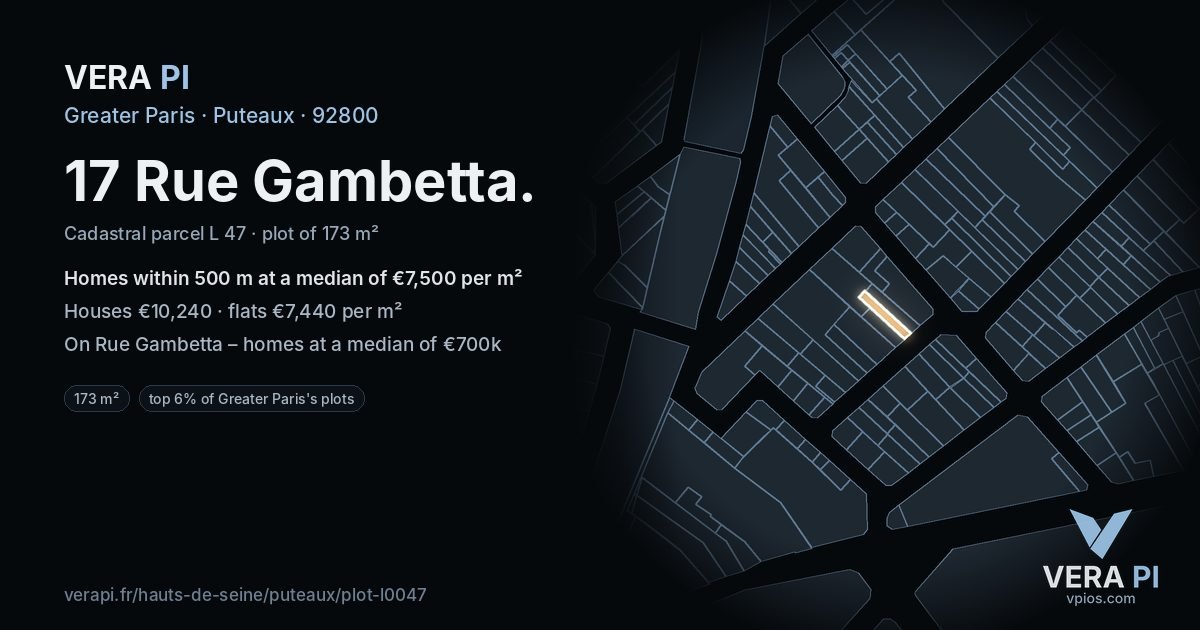 17 Rue Gambetta, Puteaux at night – the plot lit, the parcels around coloured by the prices near them