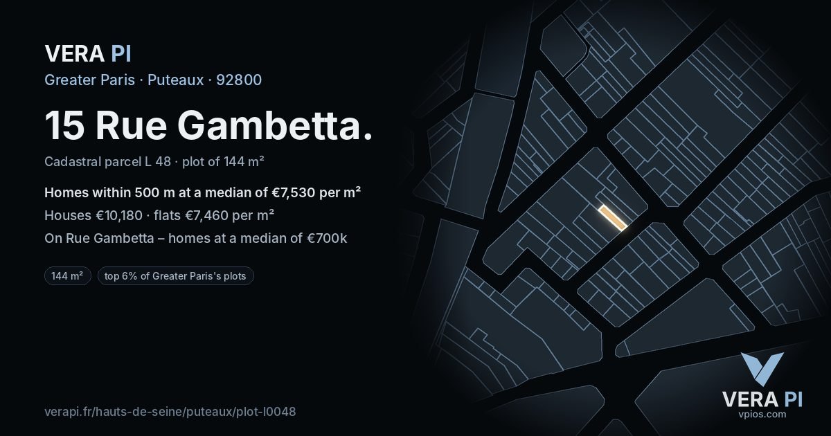 15 Rue Gambetta, Puteaux at night – the plot lit, the parcels around coloured by the prices near them