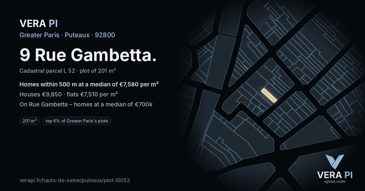 9 Rue Gambetta, Puteaux at night – the plot lit, the parcels around coloured by the prices near them