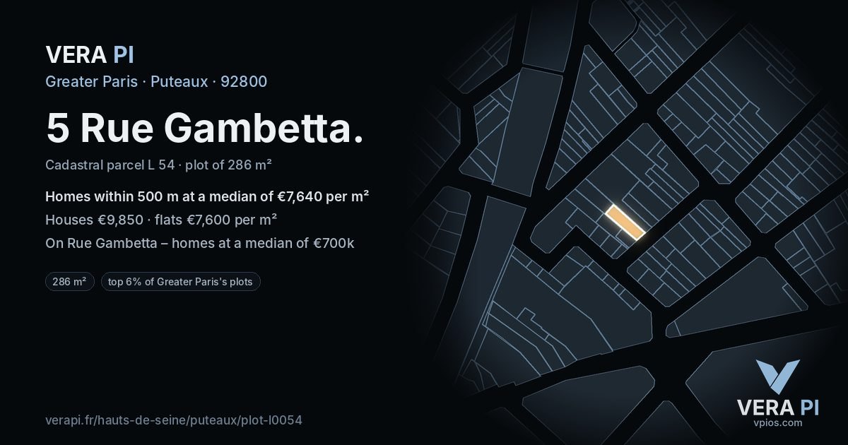 5 Rue Gambetta, Puteaux at night – the plot lit, the parcels around coloured by the prices near them