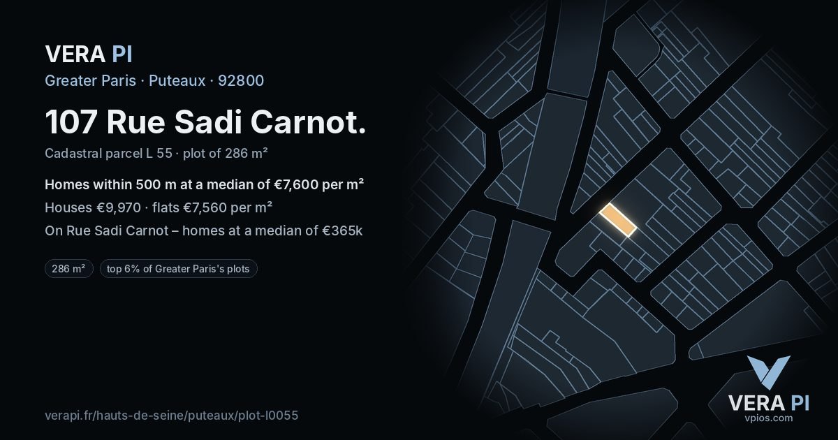 107 Rue Sadi Carnot, Puteaux at night – the plot lit, the parcels around coloured by the prices near them
