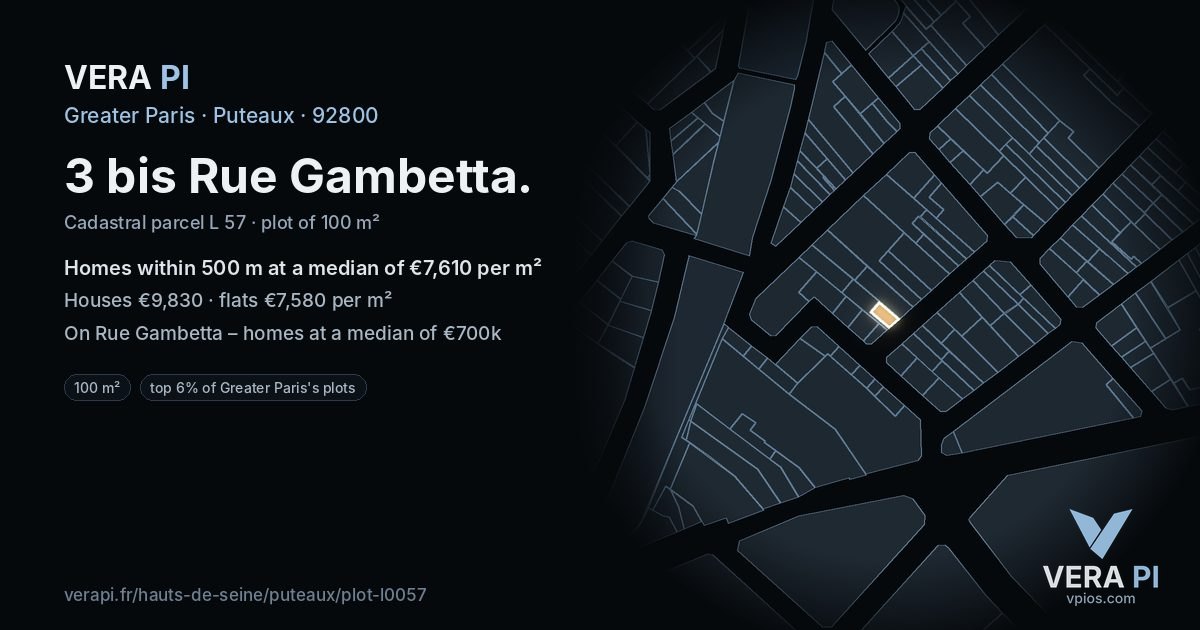 3 bis Rue Gambetta, Puteaux at night – the plot lit, the parcels around coloured by the prices near them