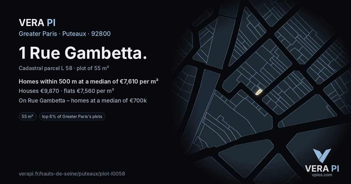 1 Rue Gambetta, Puteaux at night – the plot lit, the parcels around coloured by the prices near them