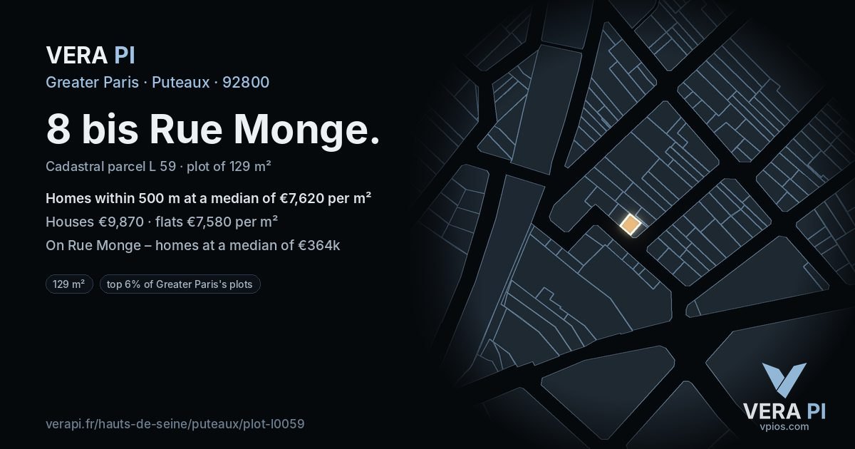 8 bis Rue Monge, Puteaux at night – the plot lit, the parcels around coloured by the prices near them