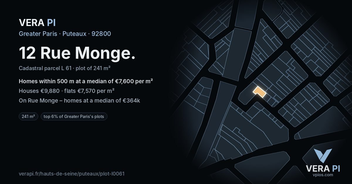 12 Rue Monge, Puteaux at night – the plot lit, the parcels around coloured by the prices near them