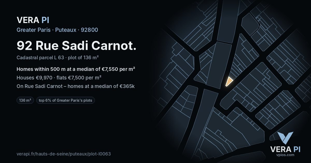 92 Rue Sadi Carnot, Puteaux at night – the plot lit, the parcels around coloured by the prices near them