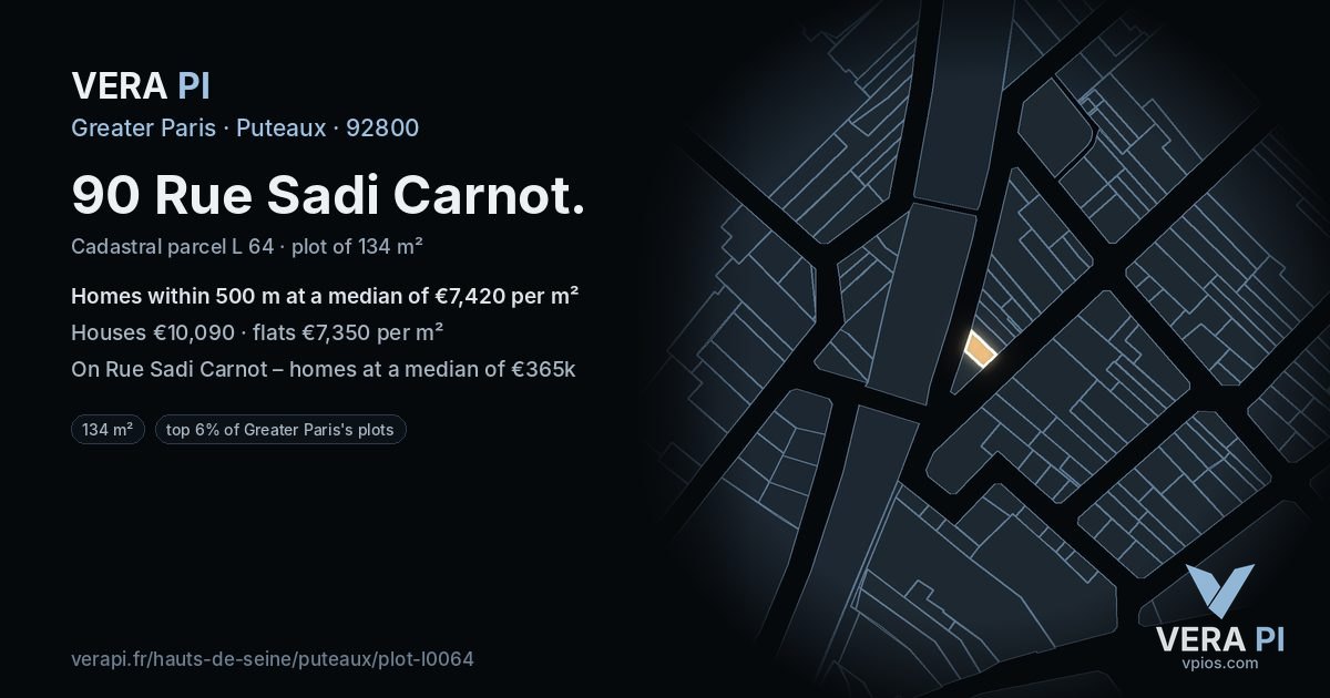 90 Rue Sadi Carnot, Puteaux at night – the plot lit, the parcels around coloured by the prices near them