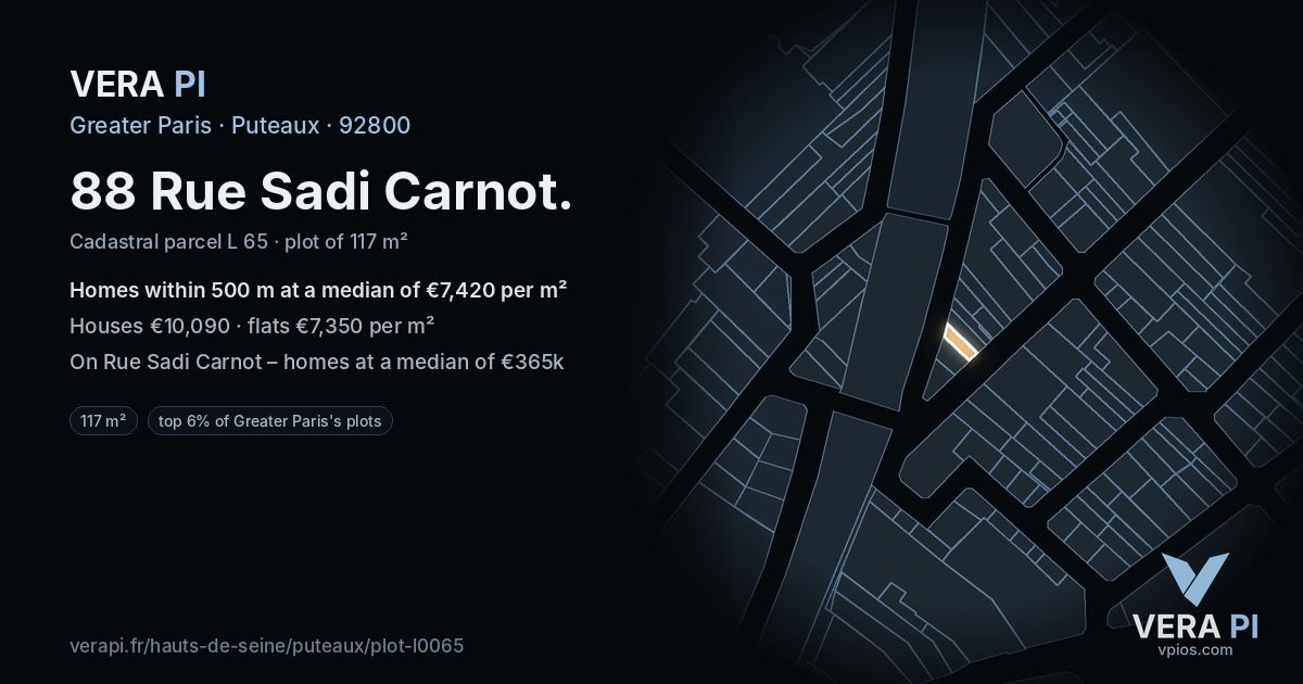 88 Rue Sadi Carnot, Puteaux at night – the plot lit, the parcels around coloured by the prices near them
