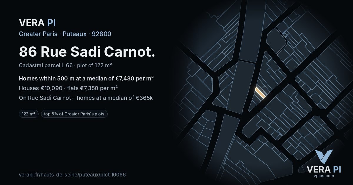 86 Rue Sadi Carnot, Puteaux at night – the plot lit, the parcels around coloured by the prices near them