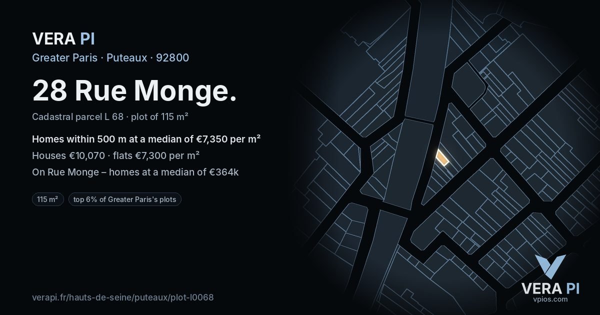 28 Rue Monge, Puteaux at night – the plot lit, the parcels around coloured by the prices near them