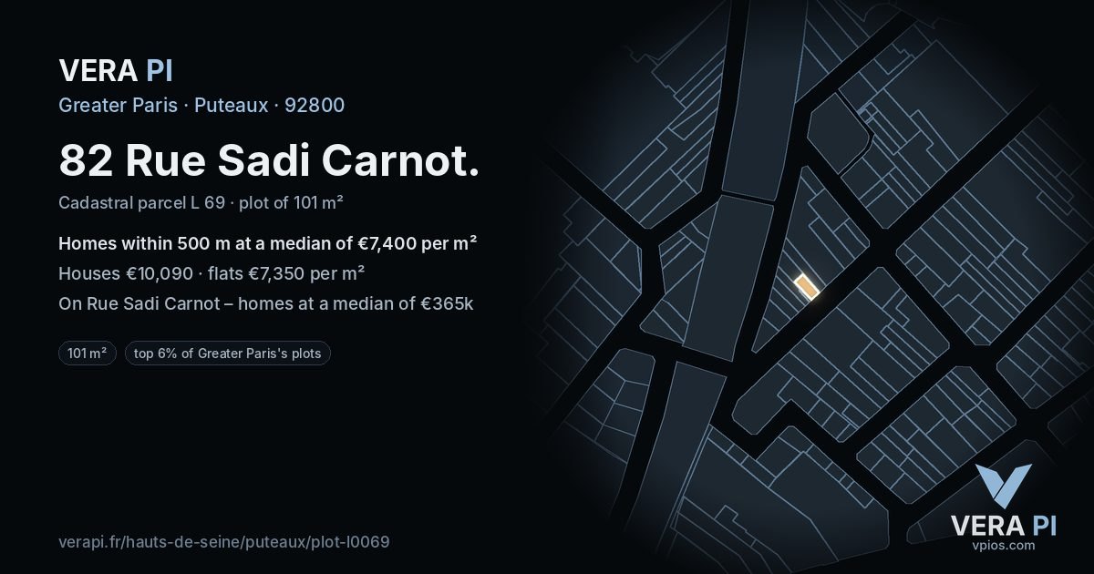82 Rue Sadi Carnot, Puteaux at night – the plot lit, the parcels around coloured by the prices near them