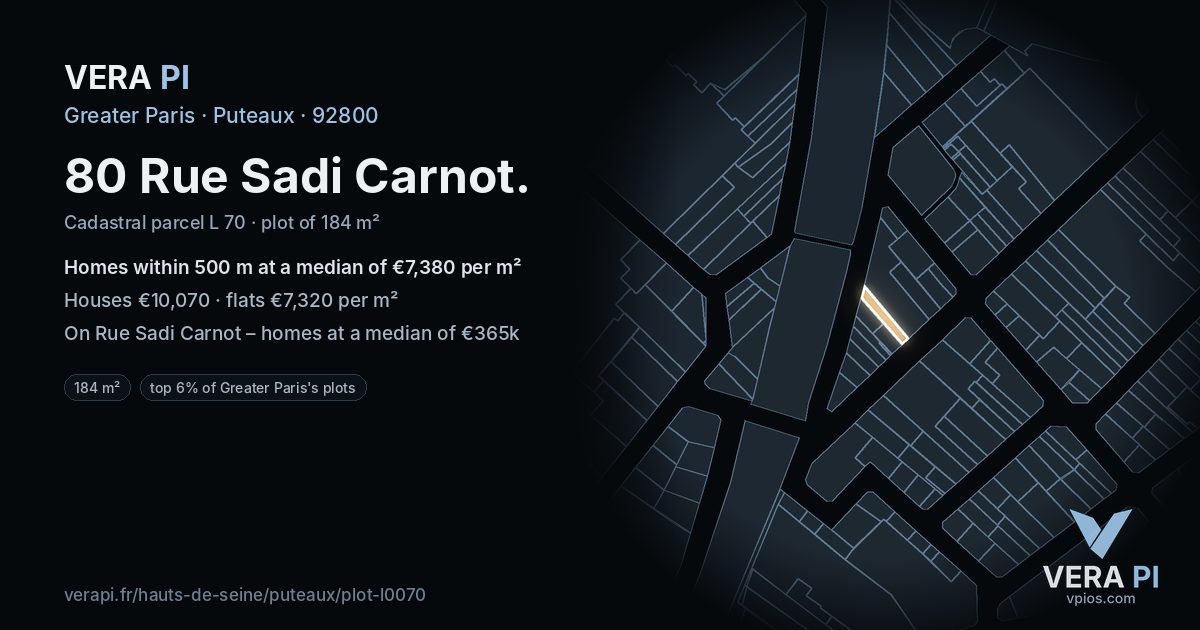 80 Rue Sadi Carnot, Puteaux at night – the plot lit, the parcels around coloured by the prices near them