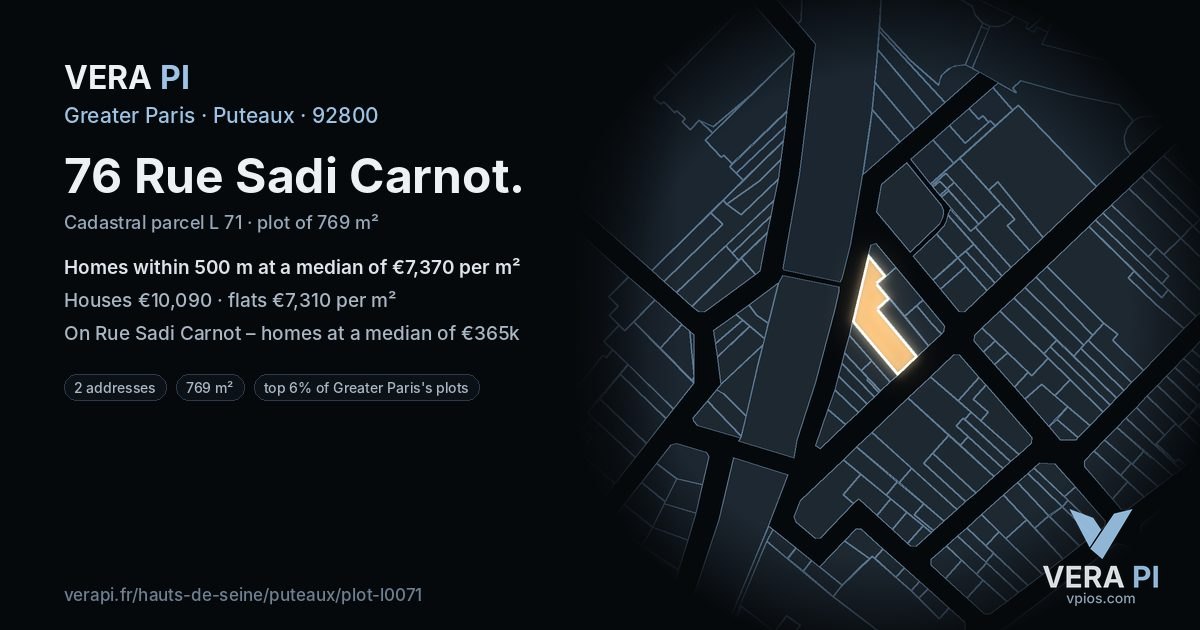 76 Rue Sadi Carnot, Puteaux at night – the plot lit, the parcels around coloured by the prices near them