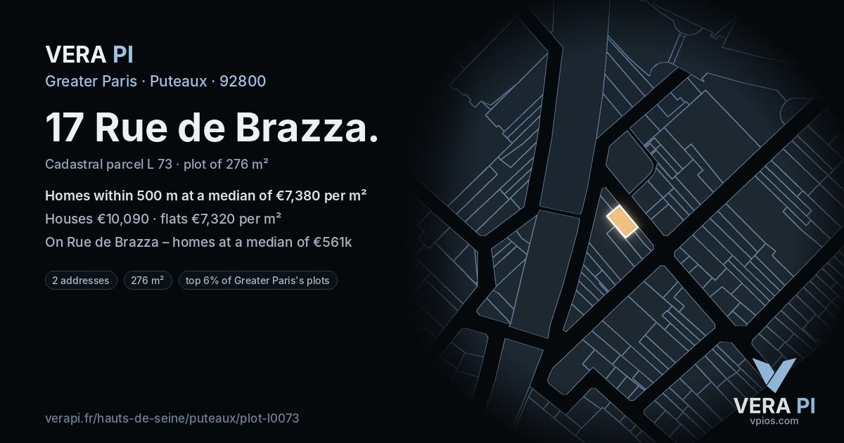 17 Rue de Brazza, Puteaux at night – the plot lit, the parcels around coloured by the prices near them