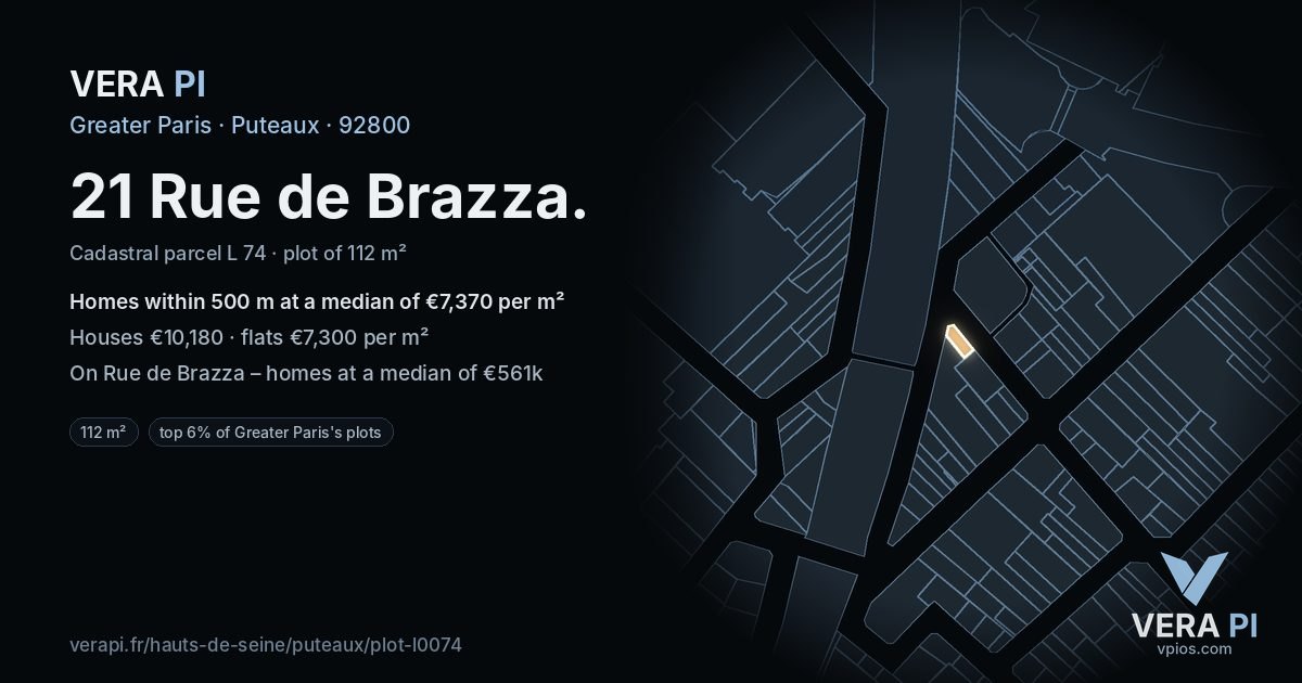 21 Rue de Brazza, Puteaux at night – the plot lit, the parcels around coloured by the prices near them