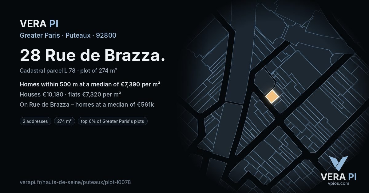28 Rue de Brazza, Puteaux at night – the plot lit, the parcels around coloured by the prices near them