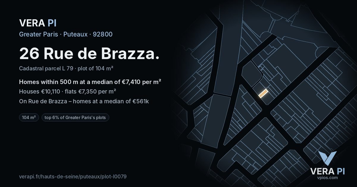 26 Rue de Brazza, Puteaux at night – the plot lit, the parcels around coloured by the prices near them