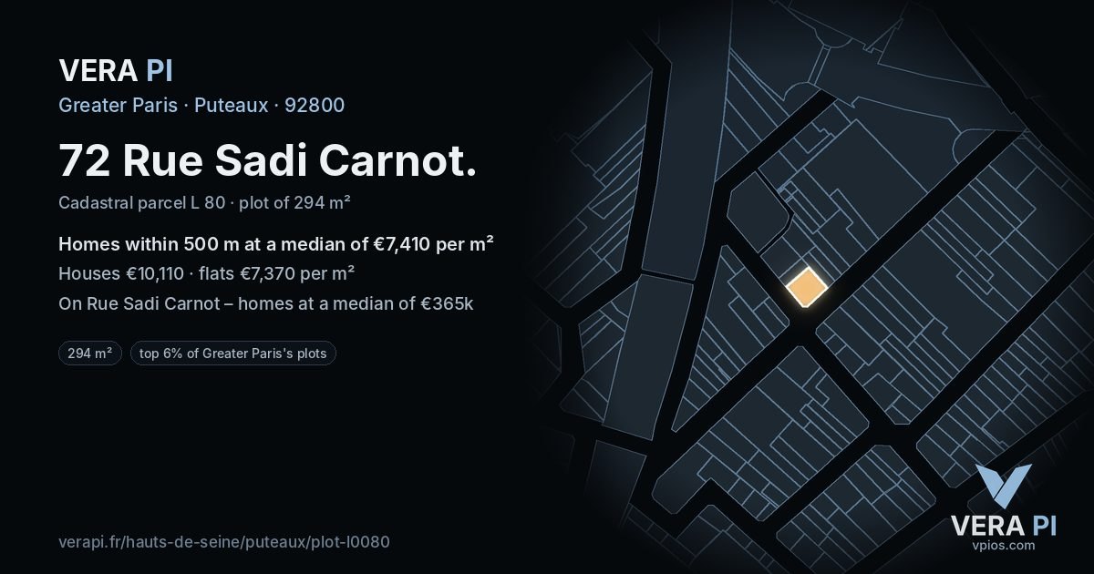 72 Rue Sadi Carnot, Puteaux at night – the plot lit, the parcels around coloured by the prices near them