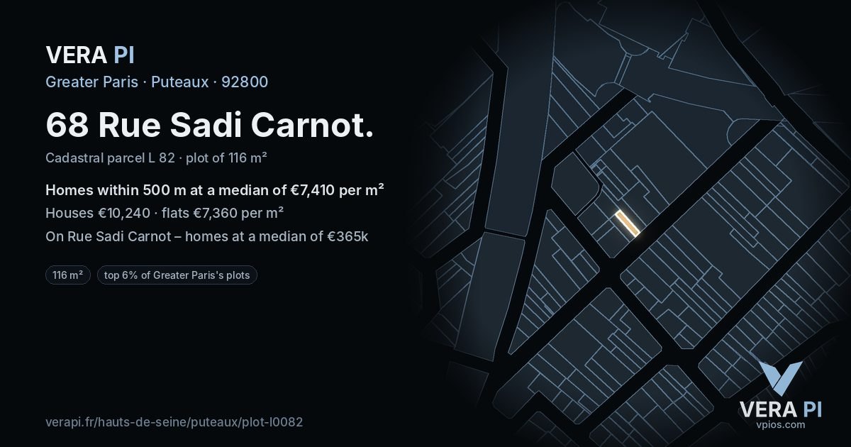 68 Rue Sadi Carnot, Puteaux at night – the plot lit, the parcels around coloured by the prices near them