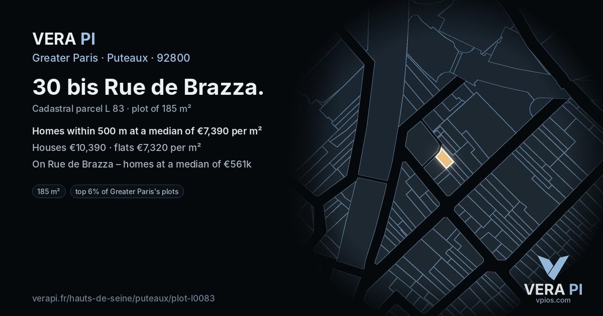 30 bis Rue de Brazza, Puteaux at night – the plot lit, the parcels around coloured by the prices near them
