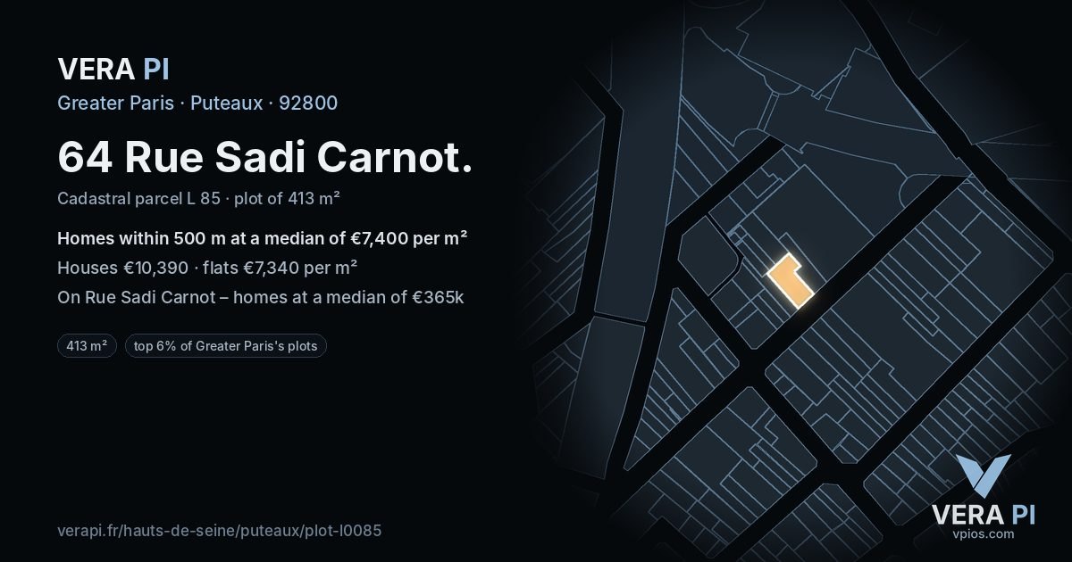 64 Rue Sadi Carnot, Puteaux at night – the plot lit, the parcels around coloured by the prices near them