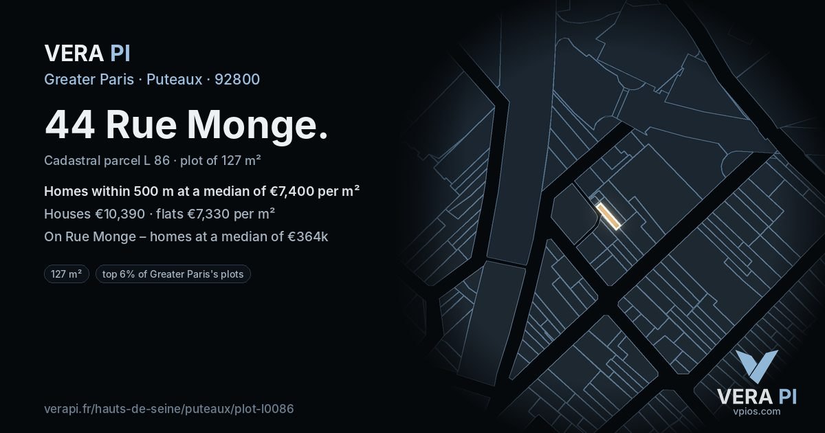 44 Rue Monge, Puteaux at night – the plot lit, the parcels around coloured by the prices near them